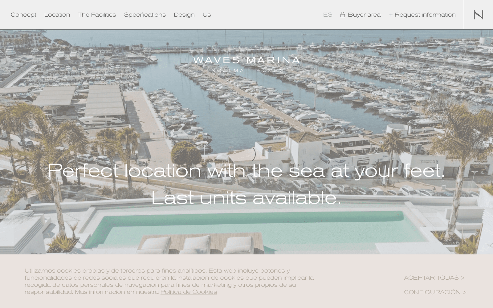 Waves Marina single-property microsite by NCalma Homes: hero image of the marina with 'Perfect location with the sea at your feet. Last units available.' overlaid; navigation shows Concept, Location, The Facilities, Specifications, Design, Us