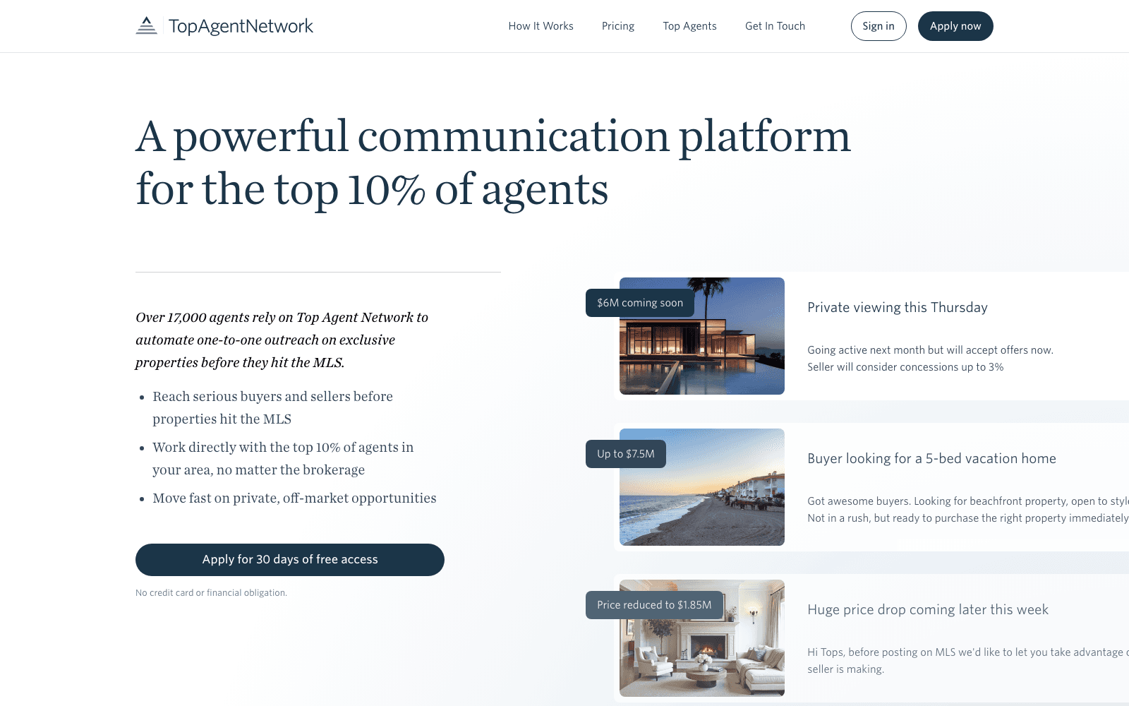Top Agent Network landing page: 'A powerful communication platform for the top 10% of agents' with example private listings
