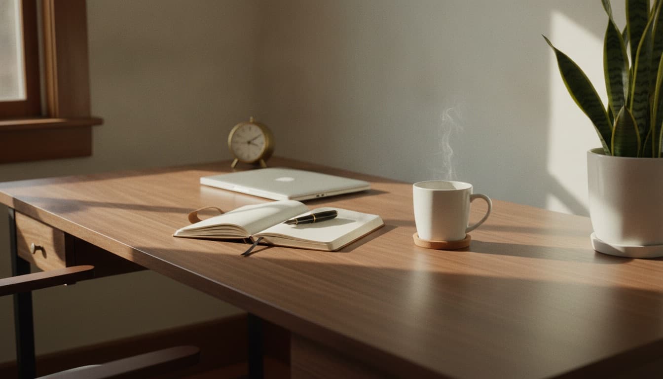 A wooden desk with an open notebook and a coffee cup in early morning light, positioned as if someone has just stepped away mid-task