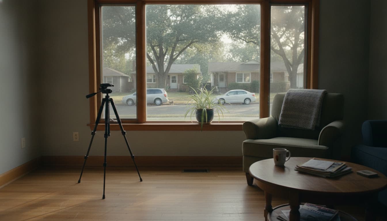 An empty suburban living room with a small camera tripod near a large window overlooking a quiet residential street