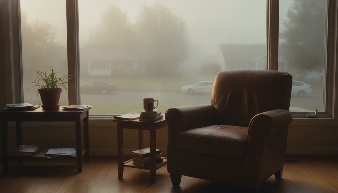 A leather armchair positioned by a large picture window overlooking a foggy suburban morning street