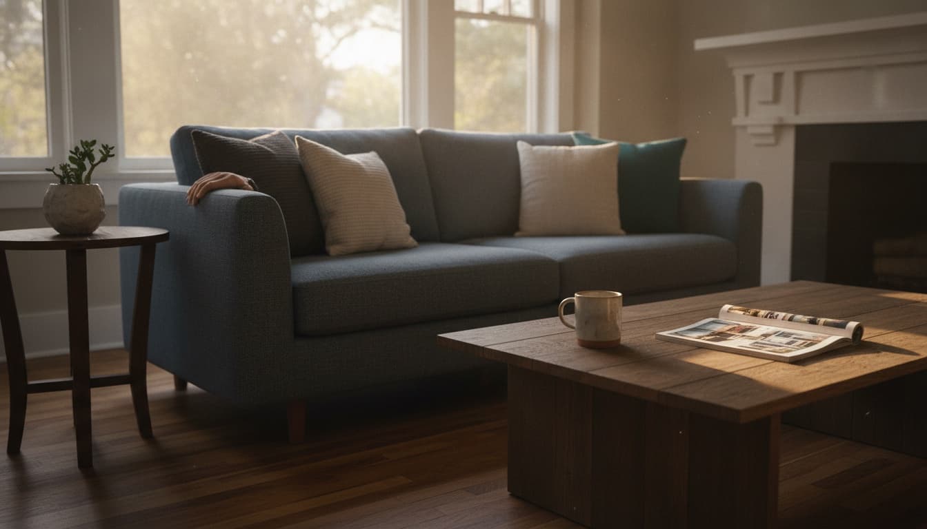A bright contemporary suburban living room shot from one corner, with a blue-grey sofa, wooden coffee table, and tall windows