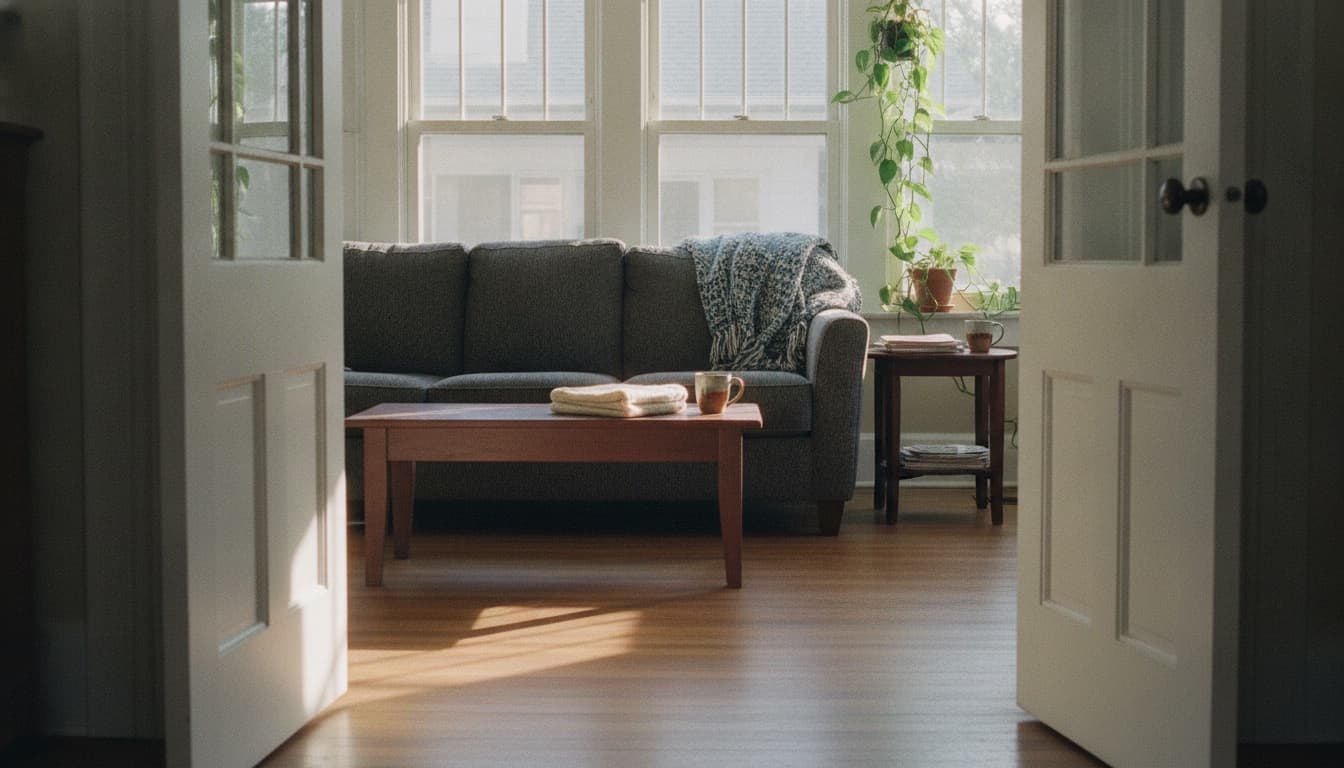A view through an open interior doorway into a bright, sunlit suburban living room ready for a walk-through