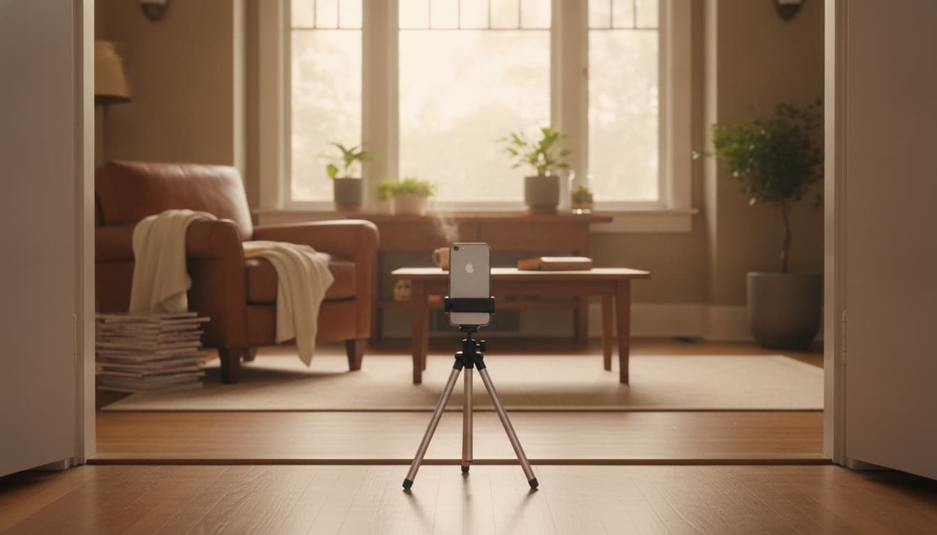 A smartphone mounted on a small tabletop tripod standing alone in a doorway, camera pointed at a warm, empty living room beyond