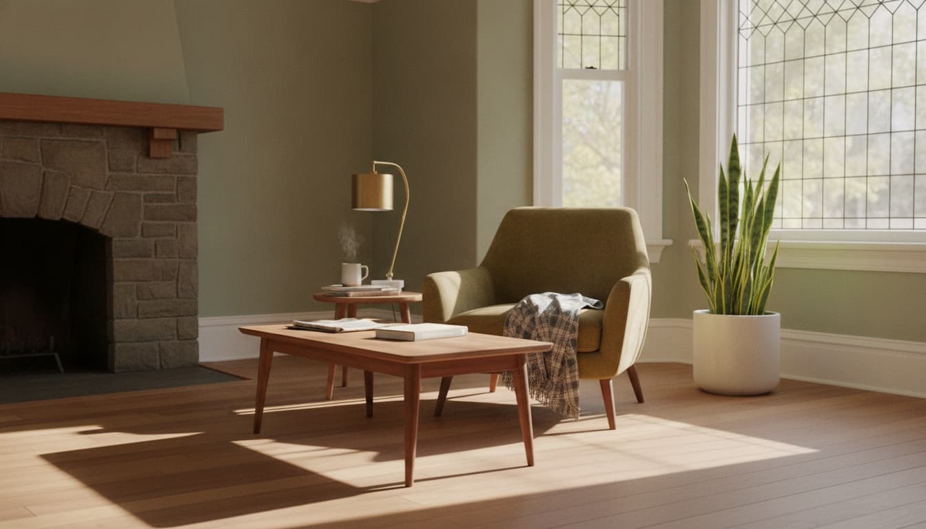 A Craftsman living room with a mid-century olive velvet armchair, walnut coffee table with a folded plaid throw, and a snake plant in a white ceramic pot by a tall window