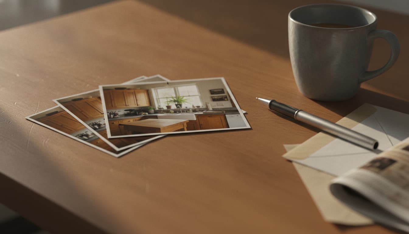 A wooden desk in warm morning light with a small fanned stack of glossy listing photos, a ceramic coffee mug, and a silver pen