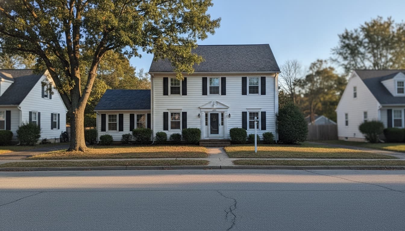 A vacant white Colonial home viewed from the empty street across, with a mature oak tree on the front lawn and a for-sale sign in the yard