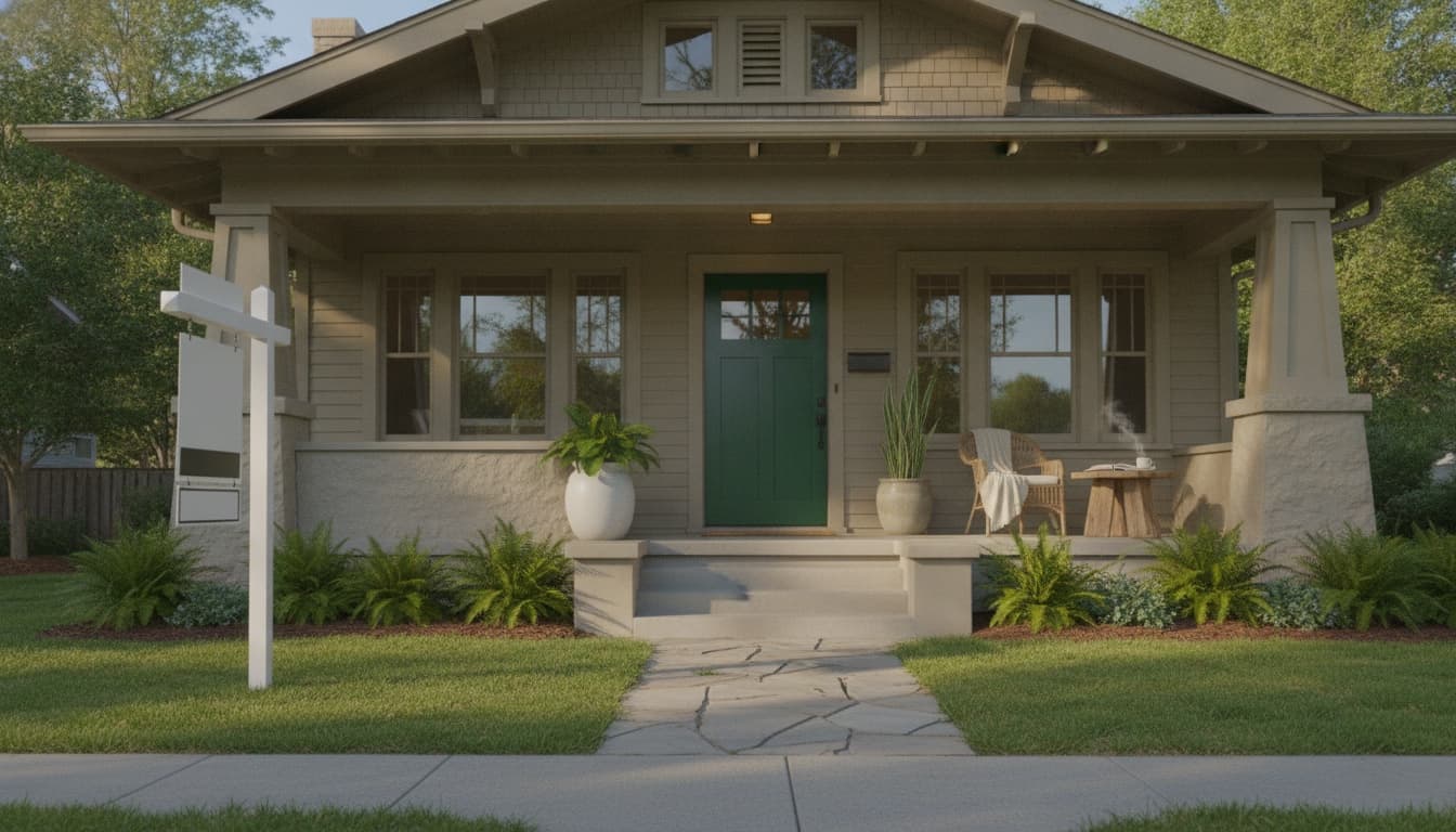 A well-kept vacant Craftsman home viewed from the sidewalk in bright morning light, front door closed, with a clean for-sale sign in the front yard