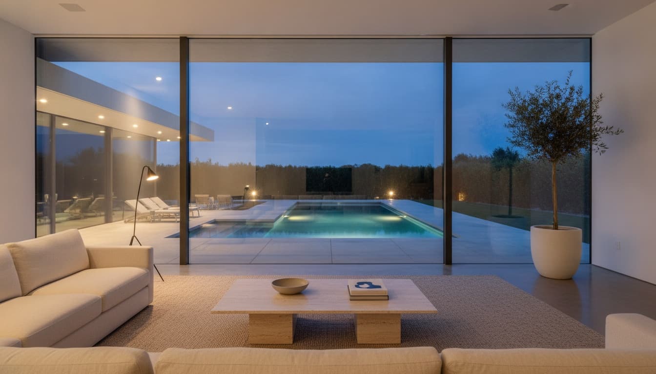 A wide, empty living room in a modernist home at dusk, floor-to-ceiling glass opening to a lit pool deck