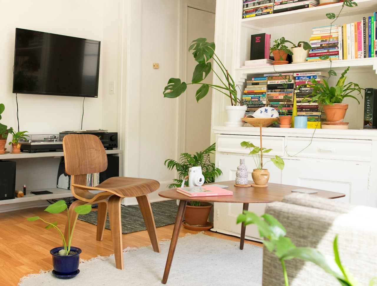 A warm eclectic living room with a wooden chair, coffee table, plants, records, and bookshelves