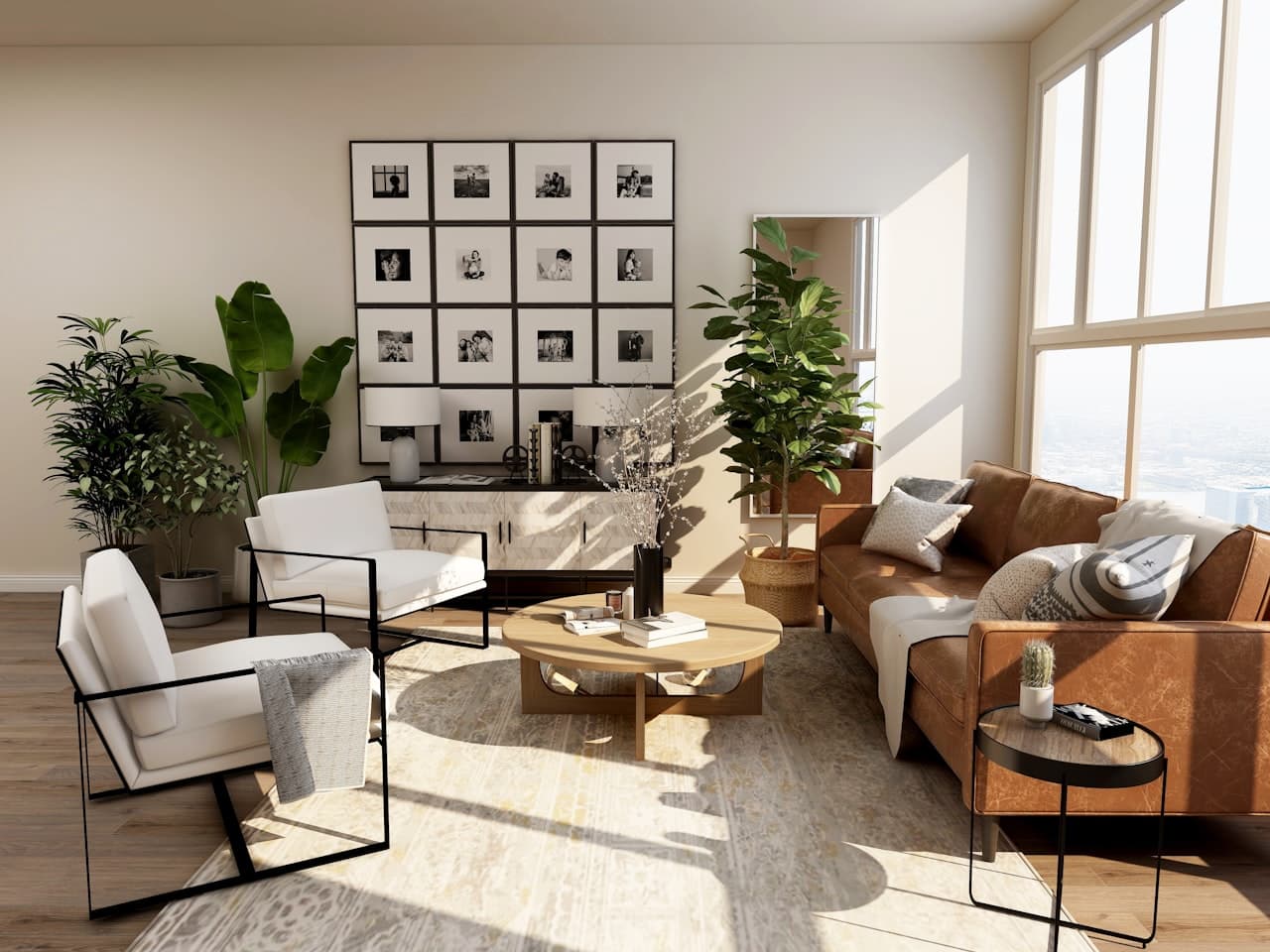 A sunlit modern living room with a gallery wall, leather sofa, and tall windows with a city view