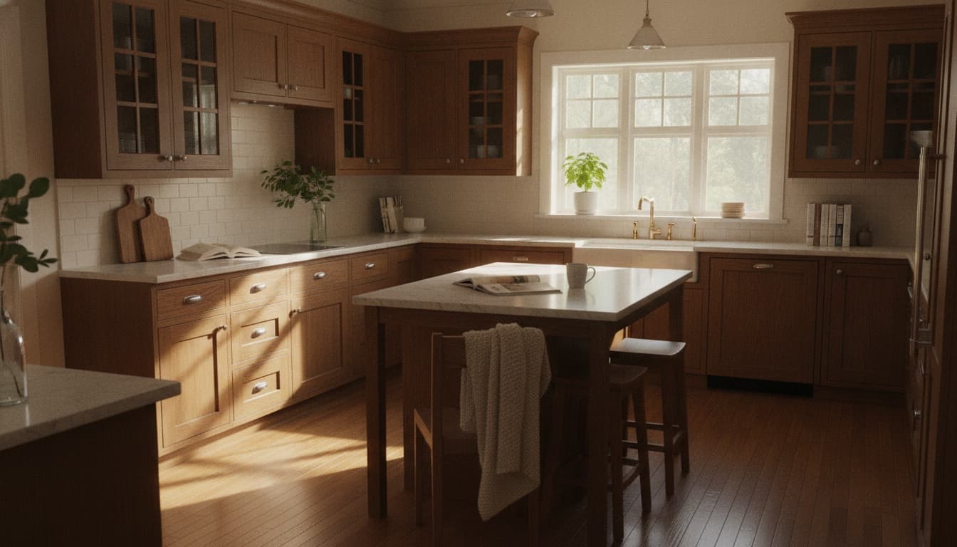A vacant Craftsman kitchen with warm wood cabinets, a marble island, and sunlight streaming through a window above the sink