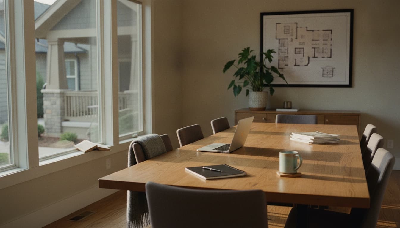 An empty modern meeting room in warm afternoon light with a wooden meeting table, chairs, and a printed floor plan on the wall