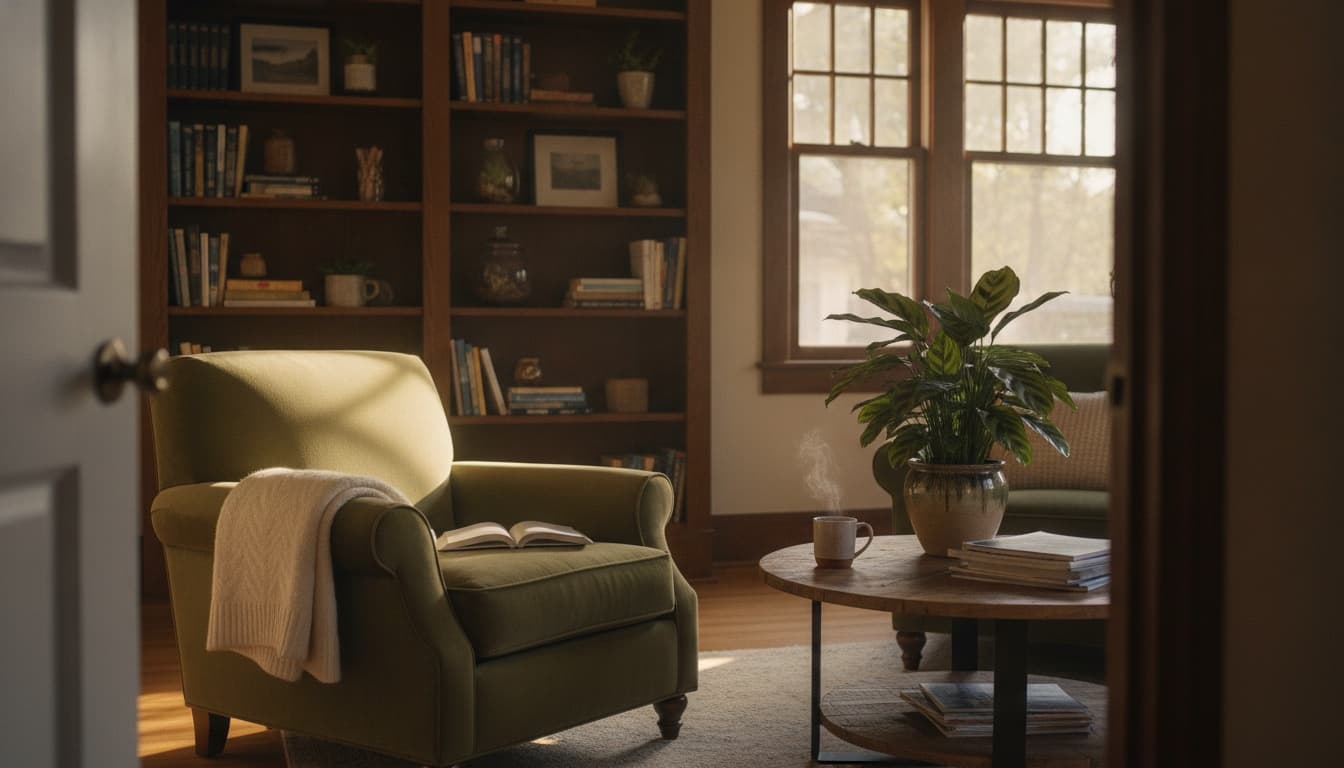 A quiet Craftsman living room with a mid-century green armchair, walnut coffee table, and a snake plant in a white ceramic pot