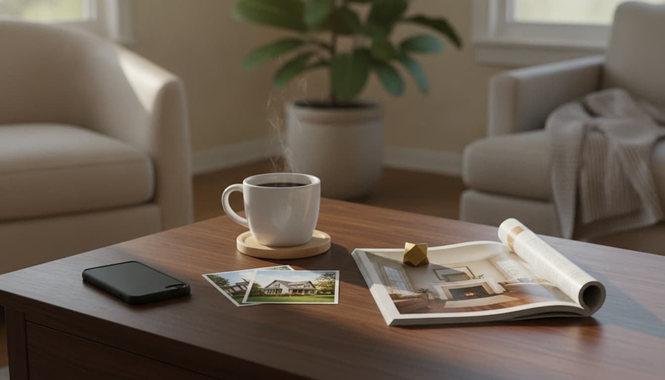 A still-life composition on a walnut coffee table in warm morning light — a smartphone, a coffee mug with steam, a small stack of listing photos, and a magazine folded open