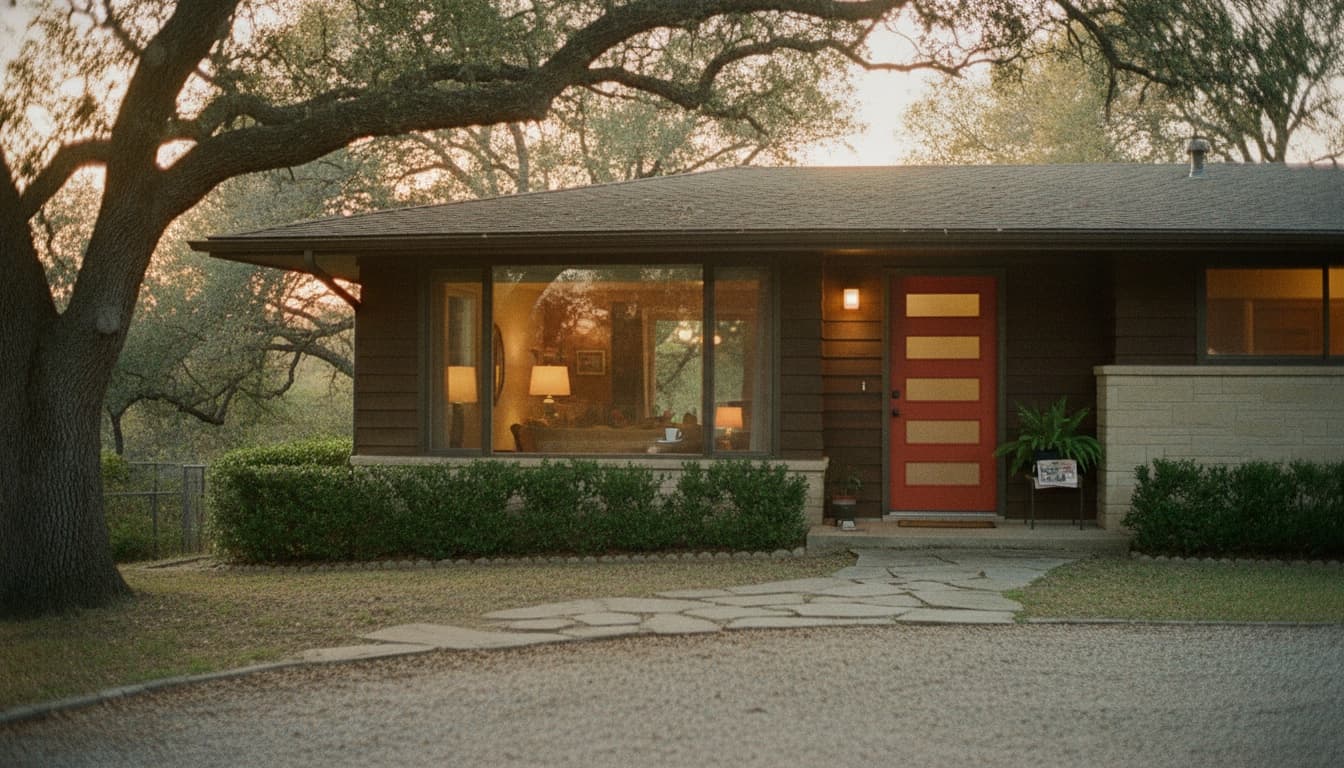 A mid-century ranch home with a warm green front door and stone walkway, photographed from the driveway at golden hour