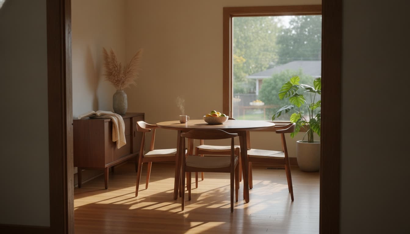 A doorway view into an empty dining room with a walnut table, wooden chairs, and a large window overlooking a leafy suburban backyard
