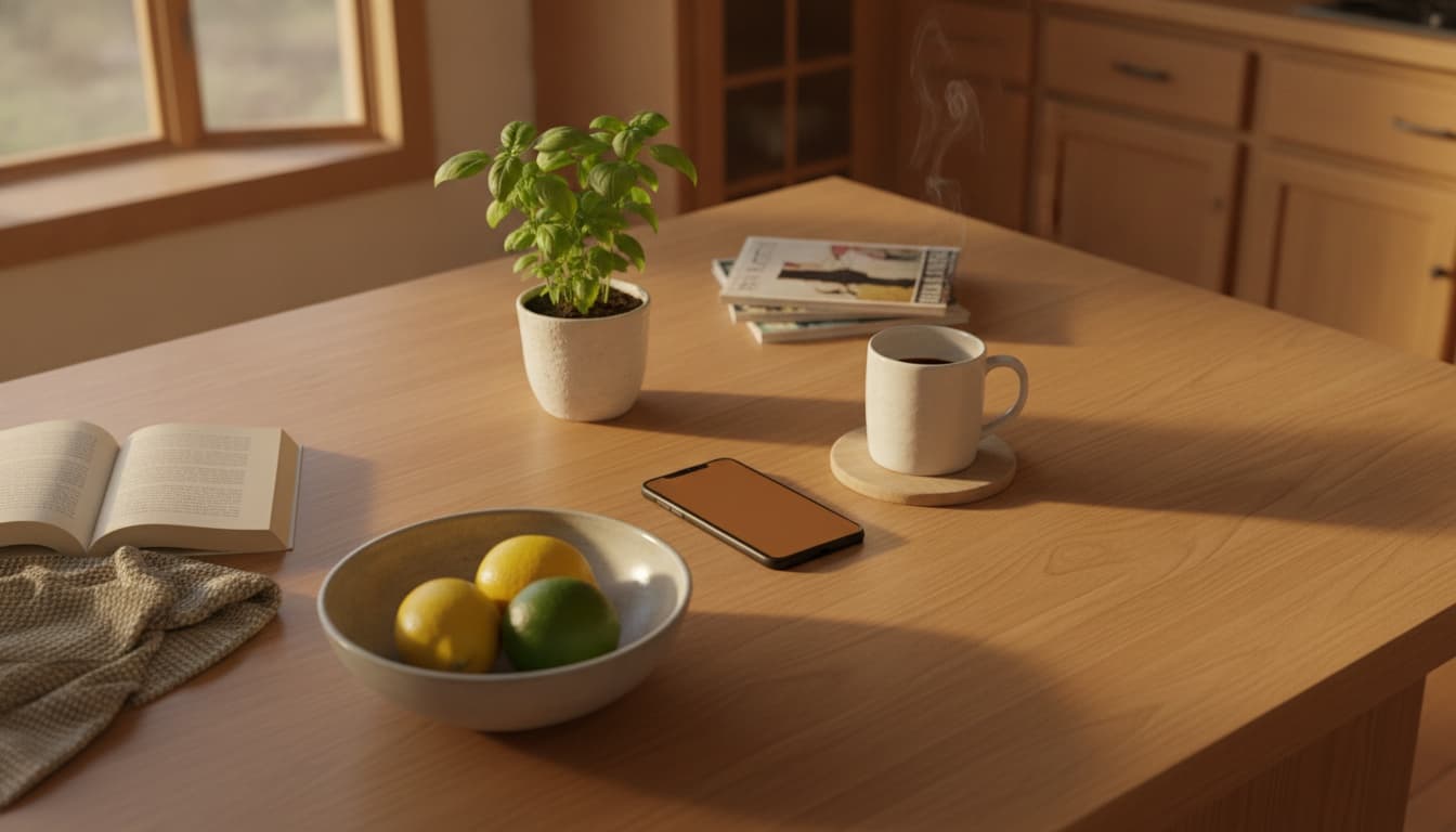 An overhead still-life on a hardwood kitchen island — a smartphone with a softly glowing screen, a white ceramic coffee mug, a bowl of lemons and lime, and a basil plant in a white ceramic pot
