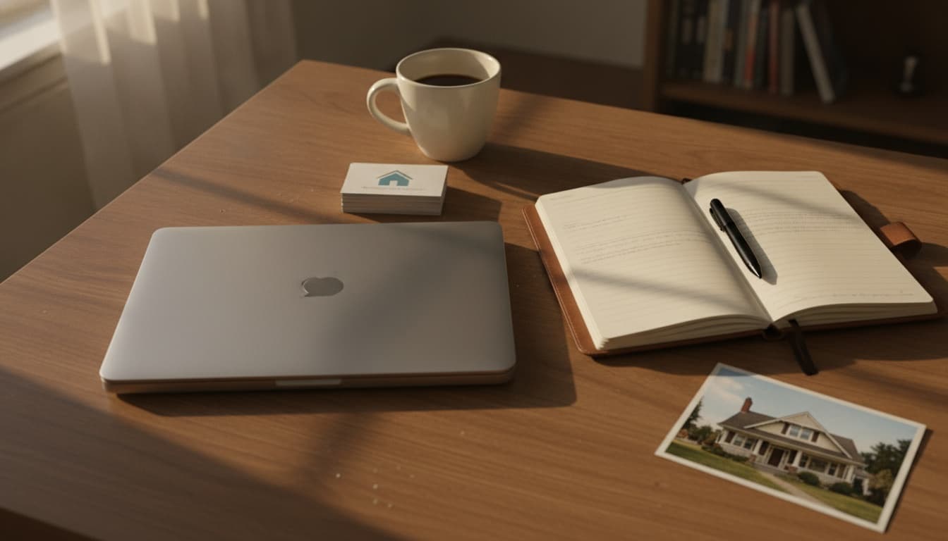 An overhead view of a wooden desk in warm morning light with a closed laptop, a leather-bound notebook with a pen, a ceramic coffee mug, and a small stack of business cards