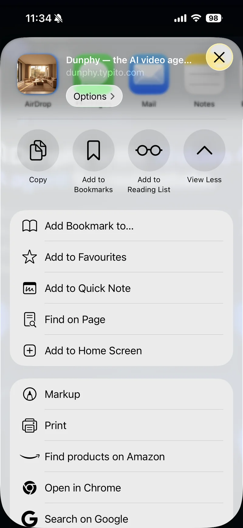 iOS share sheet with Add to Home Screen visible