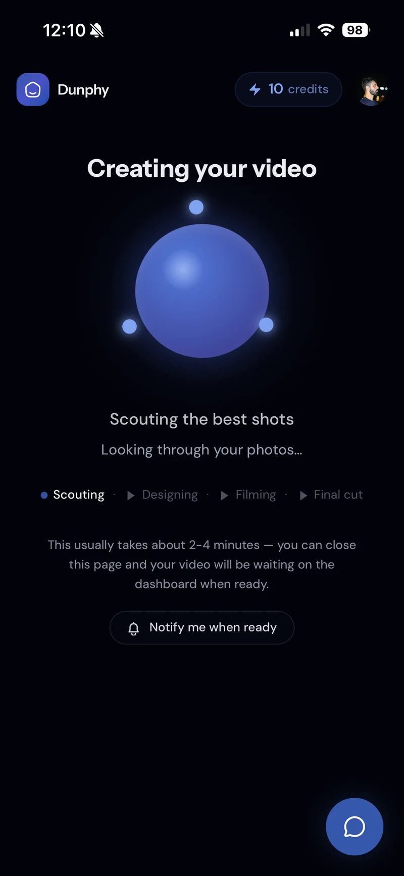Generation screen with Notify me when ready button